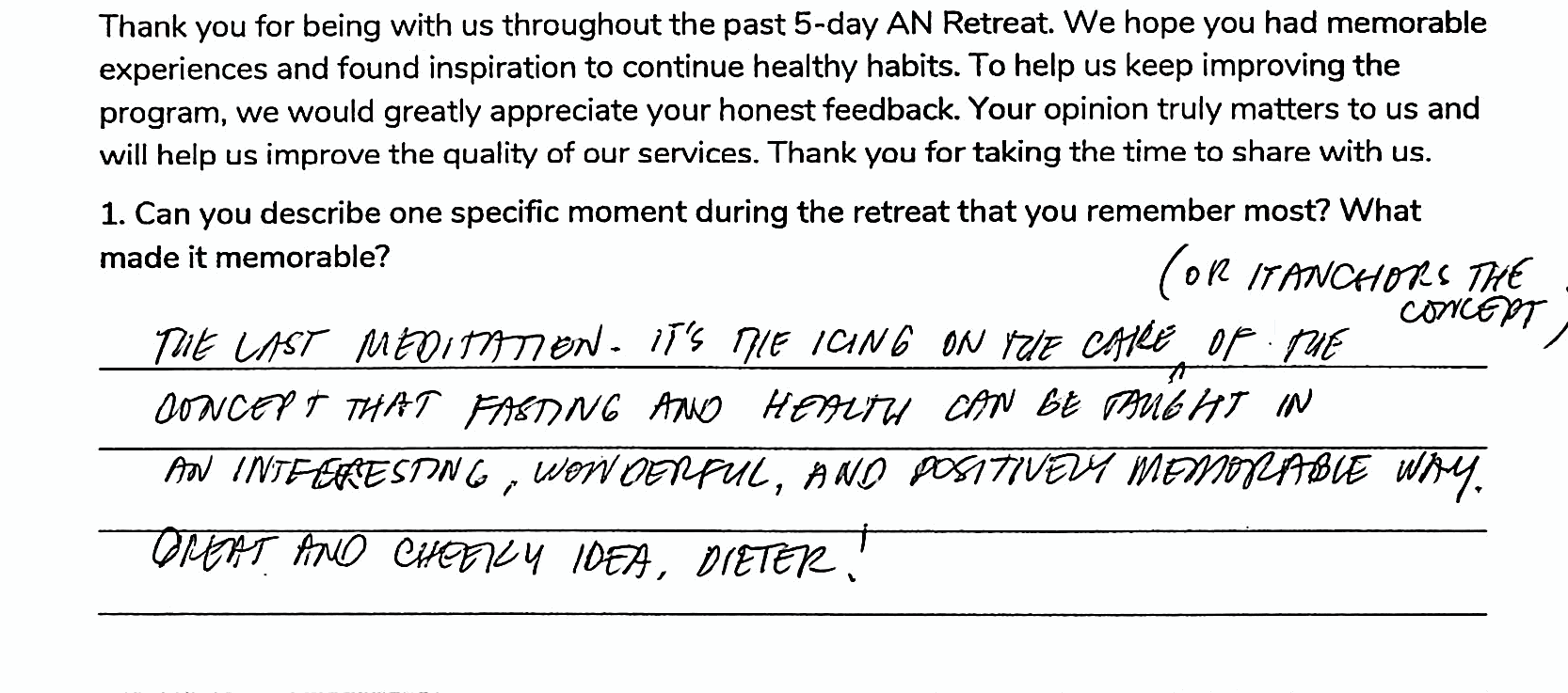 Handwritten excerpt from Peter Quilendrino's An Retreat feedback