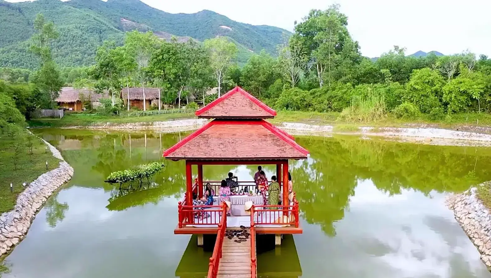 A quiet pavilion over the lake at Alba Wellness Valley Hue