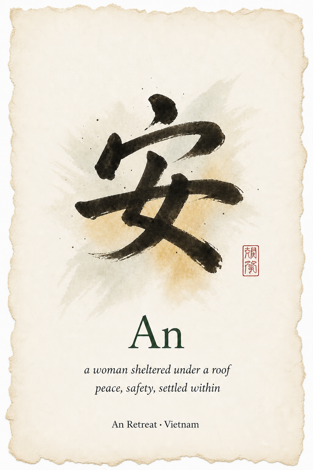An calligraphy artwork on ancient handmade paper showing a woman sheltered under a roof, symbolising peace, safety and a settled inner state